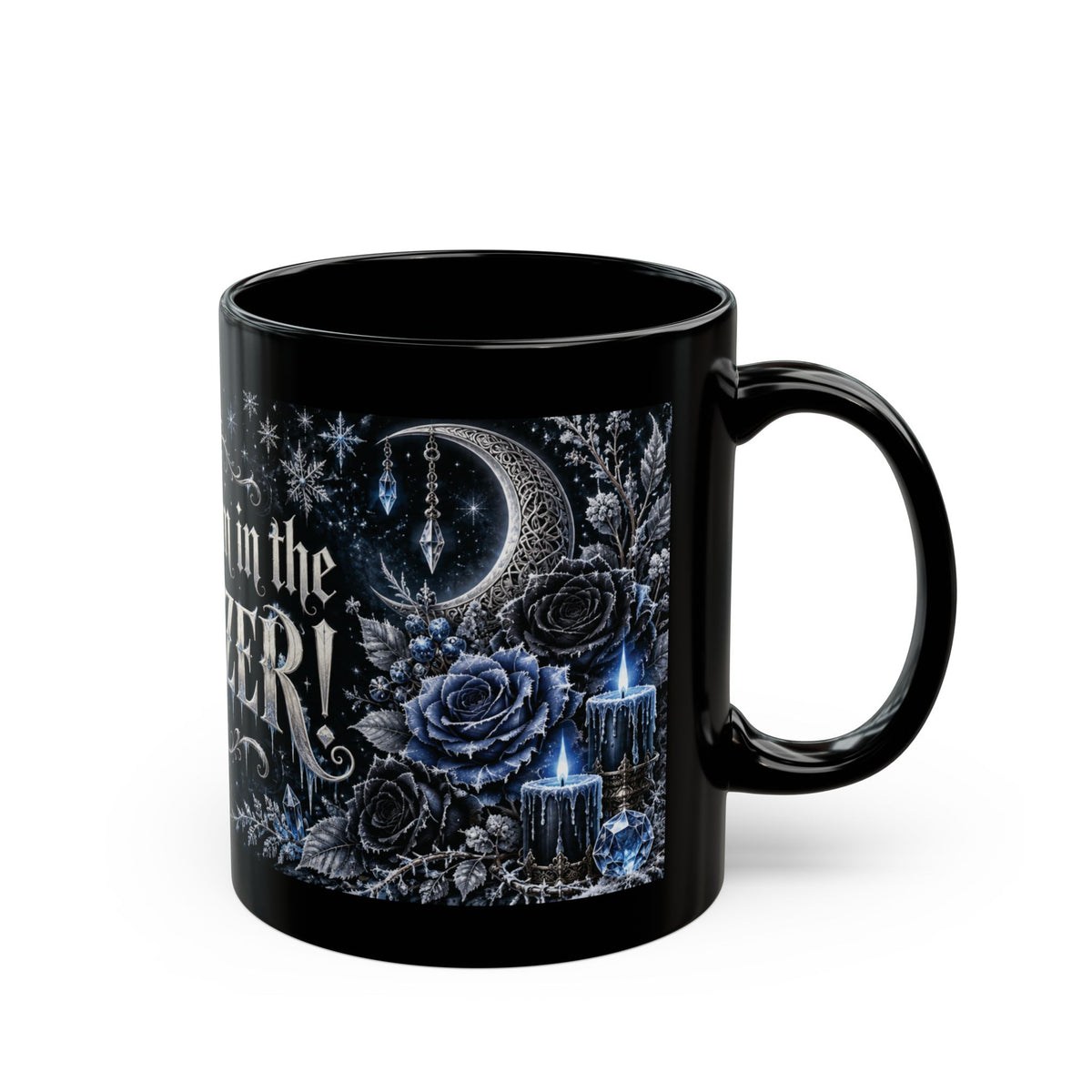 Put Them in the FREEZER! — Frosted Spell Jar Black Mug, 11oz | Vespera Morrigan