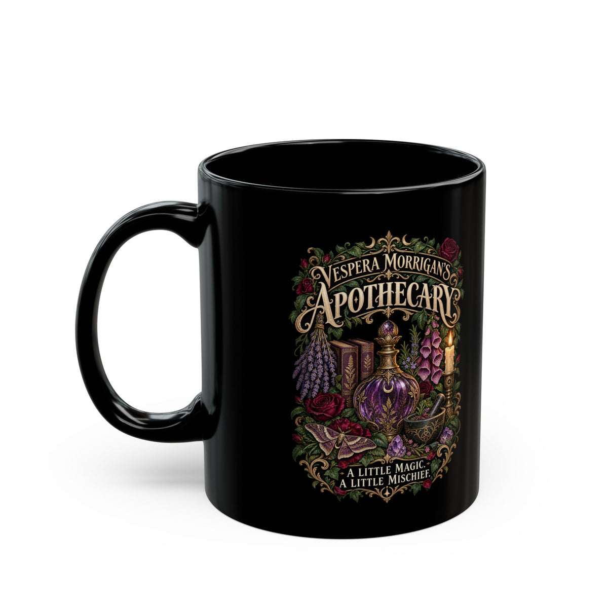 Vespera Morrigan Apothecary Mug - Gothic Botanical Black Ceramic, 11oz