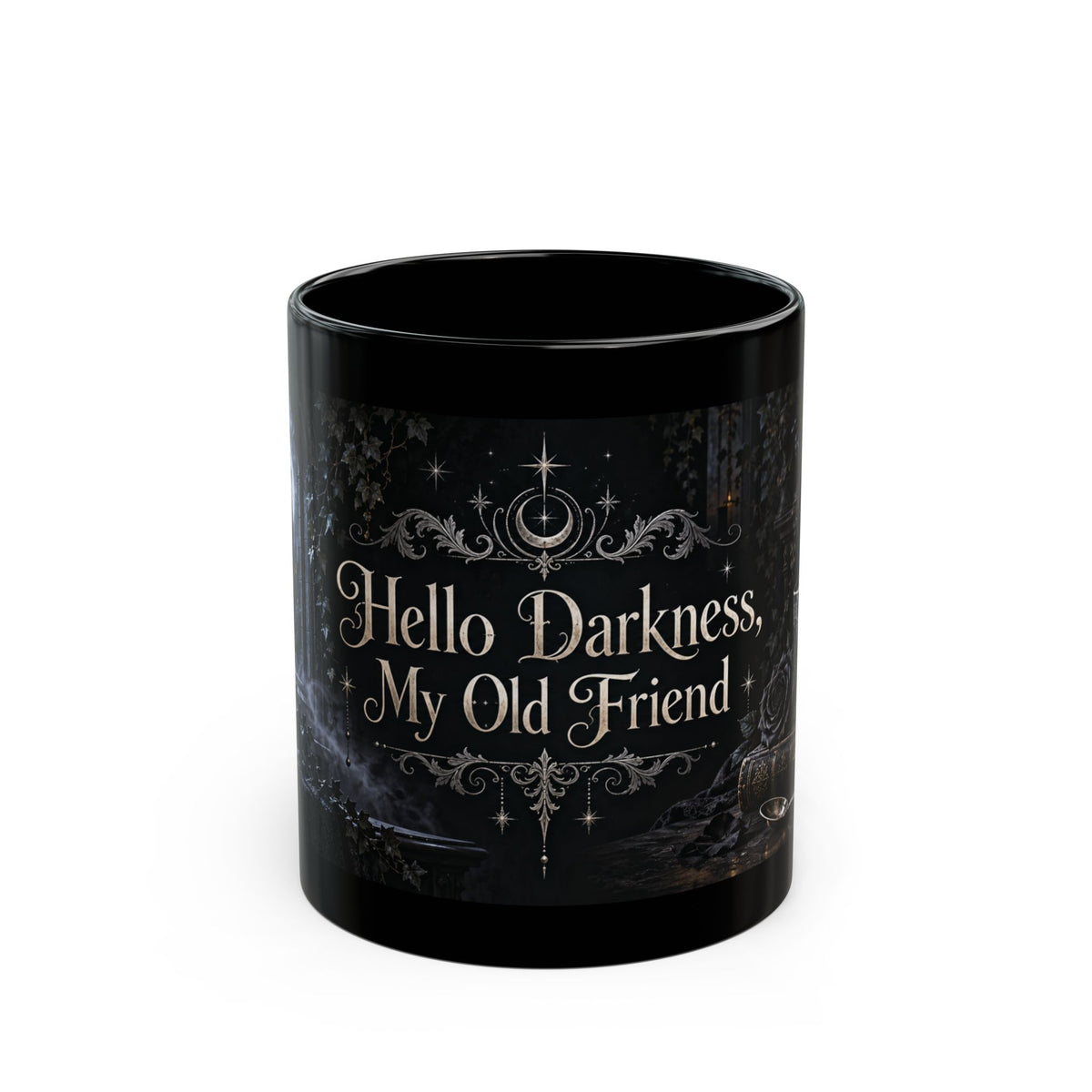 Hello Darkness, My Old Friend — Gothic Library Black Mug, 11oz | Vespera Morrigan
