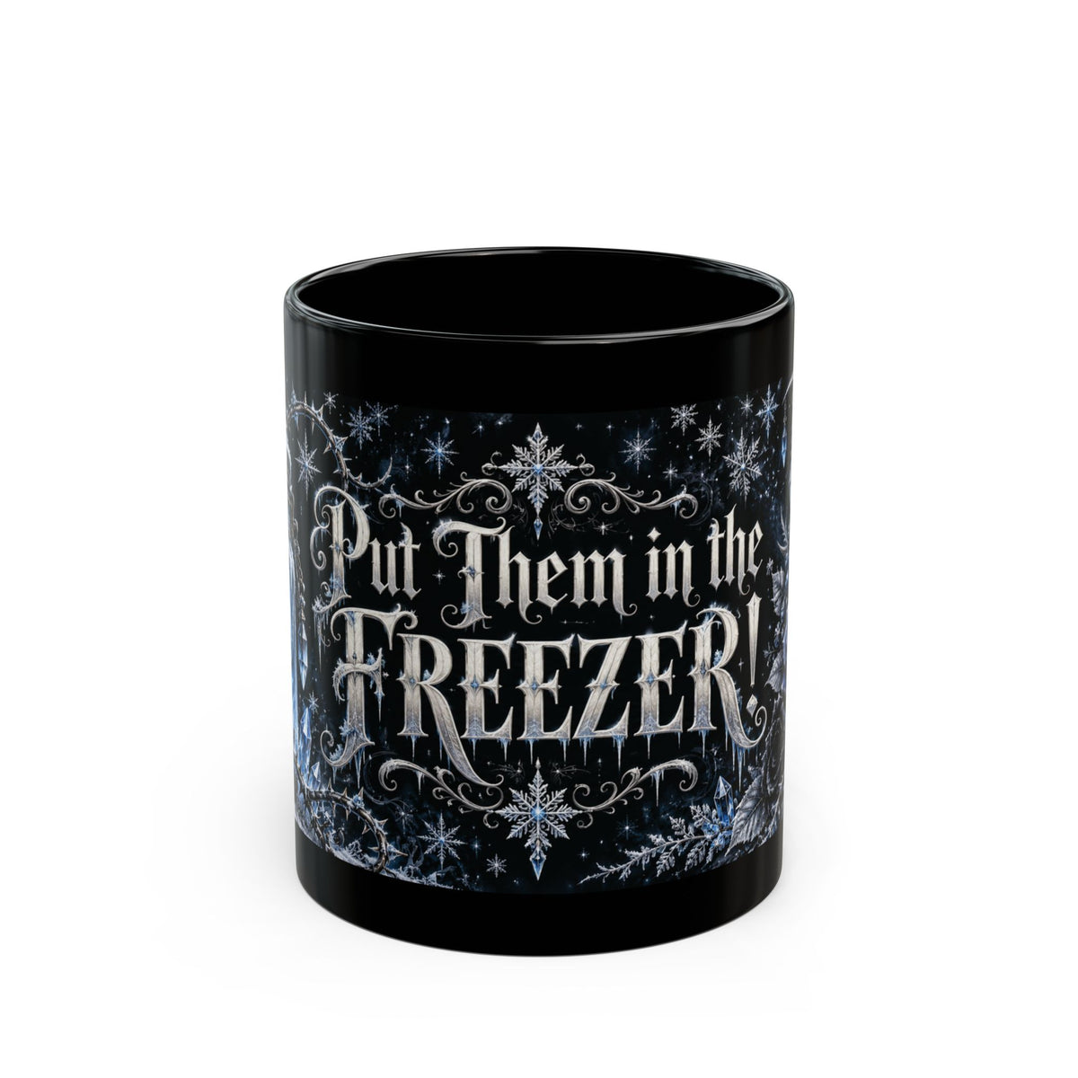 Put Them in the FREEZER! — Frosted Spell Jar Black Mug, 11oz | Vespera Morrigan