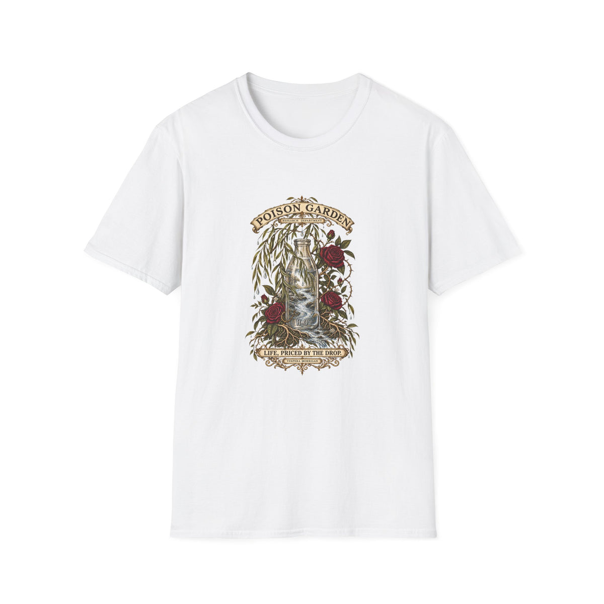Life, Priced by the Drop — Poison Garden Research Department White T-Shirt | Vespera Morrigan