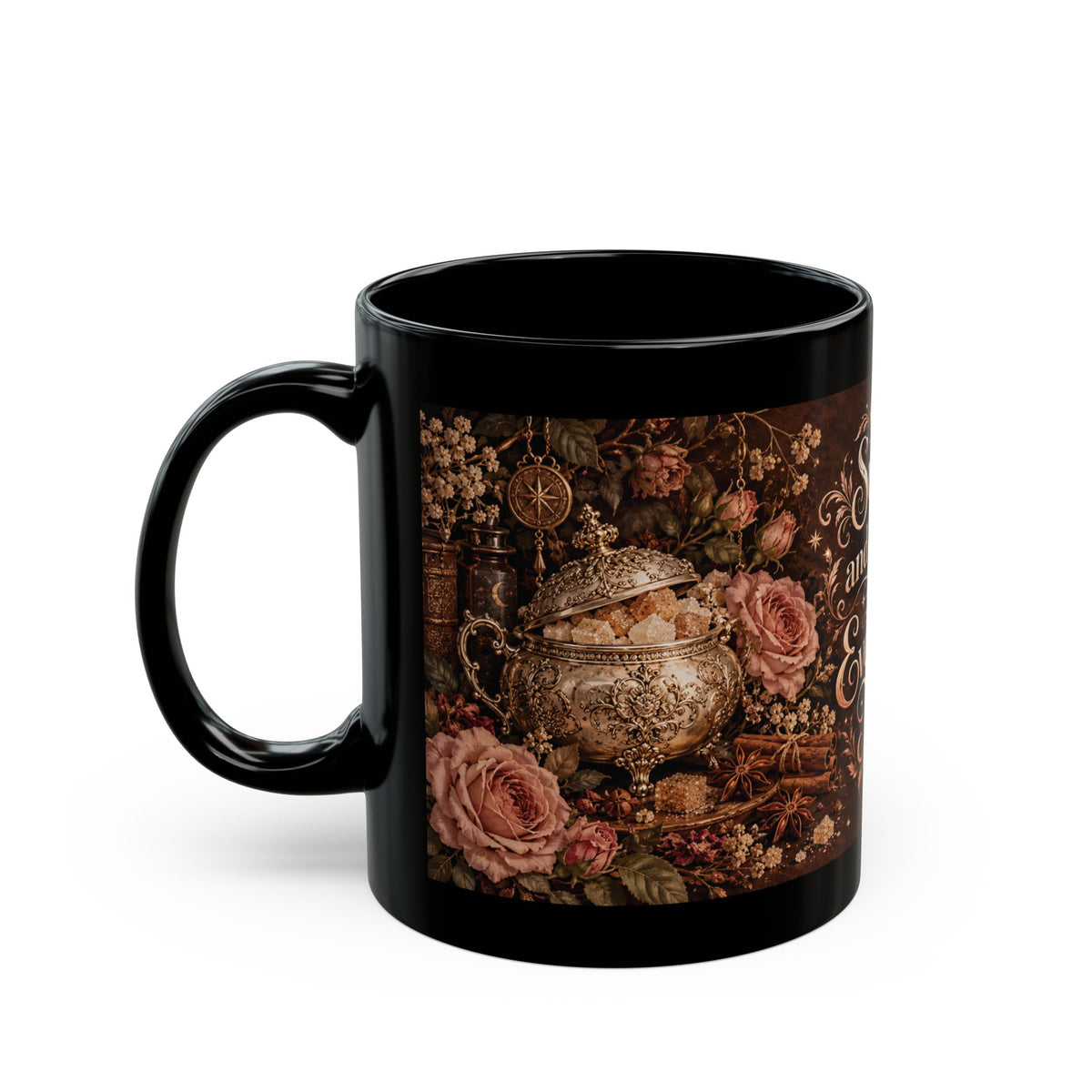 Sugar and Spice and Everything Nice — Rose & Cinnamon Black Mug, 11oz | Vespera Morrigan