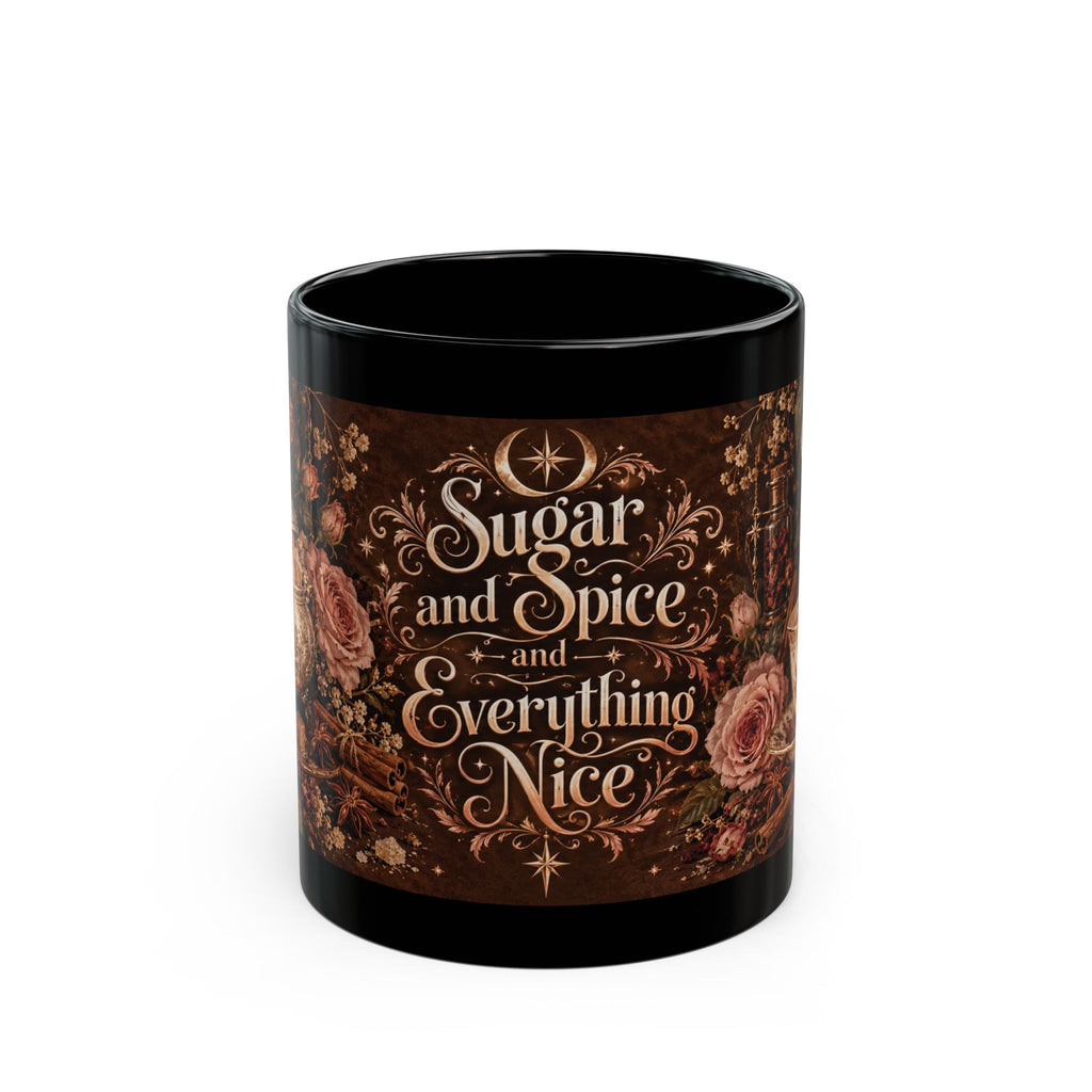 Sugar and Spice and Everything Nice — Rose & Cinnamon Black Mug, 11oz | Vespera Morrigan