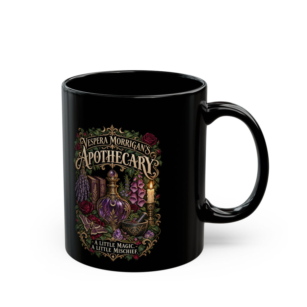 Vespera Morrigan Apothecary Mug - Gothic Botanical Black Ceramic, 11oz