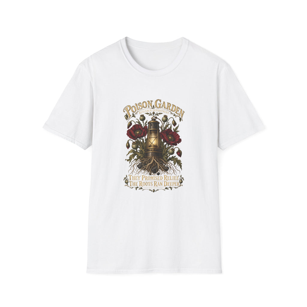 They Promised Relief — Poison Garden Research Department White T-Shirt | Vespera Morrigan