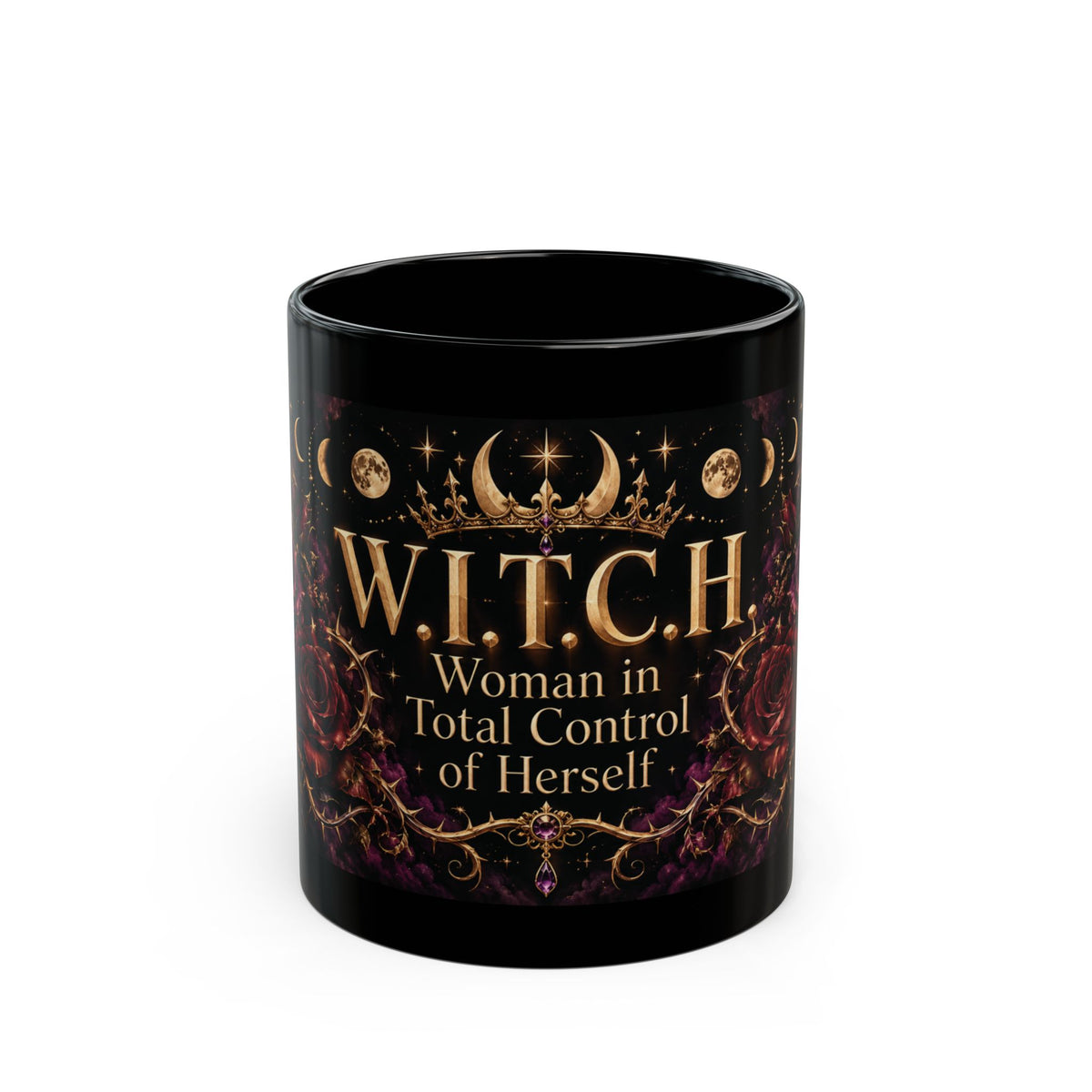 W.I.T.C.H. — Woman in Total Control of Herself Black Mug, 11oz | Vespera Morrigan
