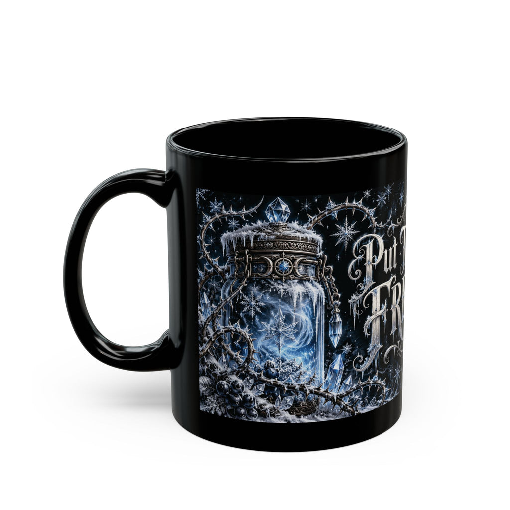 Put Them in the FREEZER! — Frosted Spell Jar Black Mug, 11oz | Vespera Morrigan