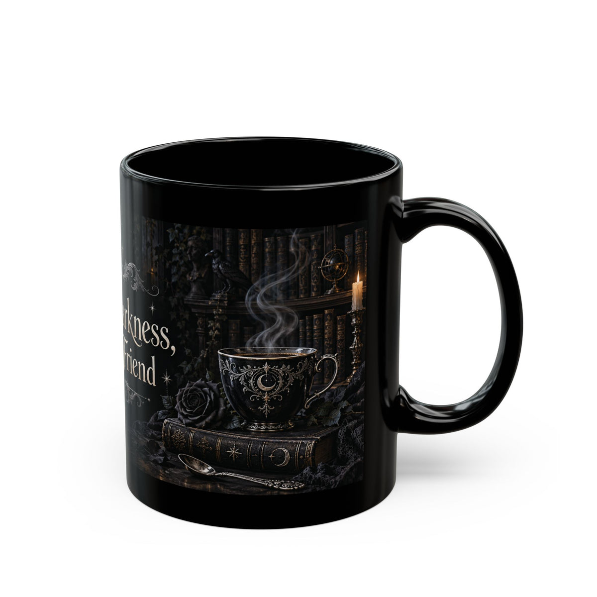 Hello Darkness, My Old Friend — Gothic Library Black Mug, 11oz | Vespera Morrigan
