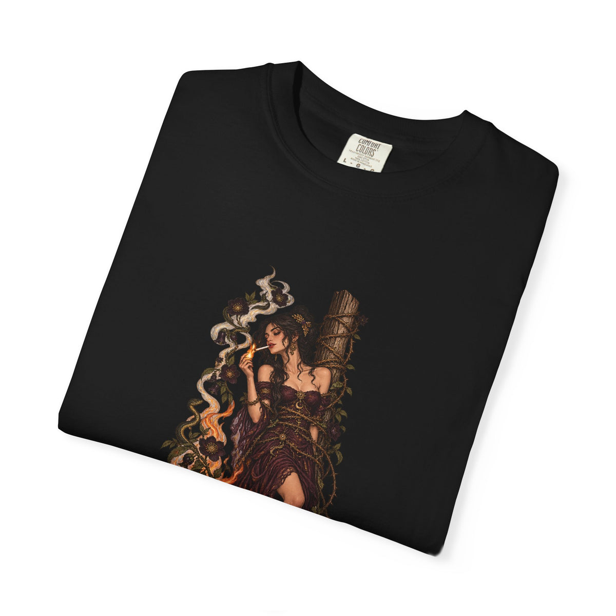 She Lit Her Own Fire black Comfort Colors tee, folded mockup