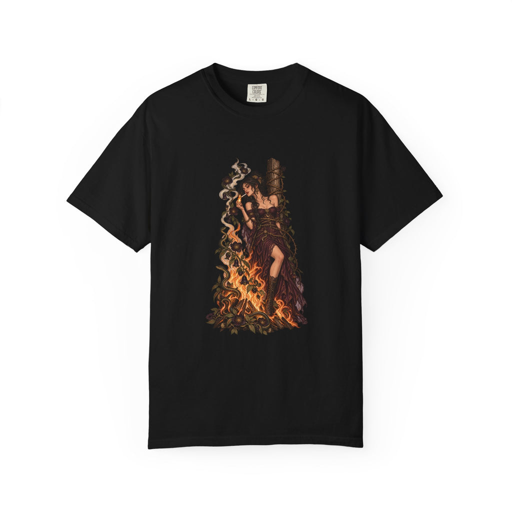 She Lit Her Own Fire black Comfort Colors tee, front mockup
