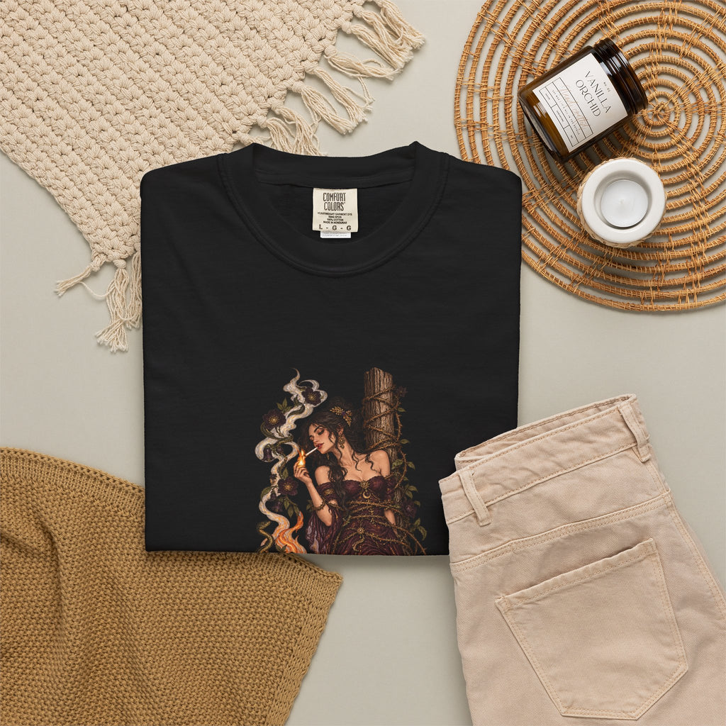 She Lit Her Own Fire black Comfort Colors tee, lifestyle mockup
